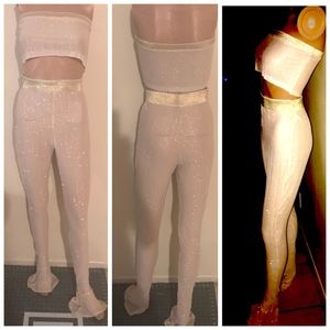 Tan glimmer seethru baby flared pants outfit.